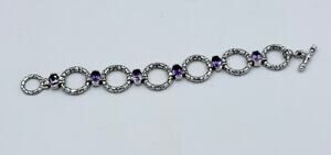Vintage Silver Tone Amethysts Purple Glass Stones Link Toggle Bracelet